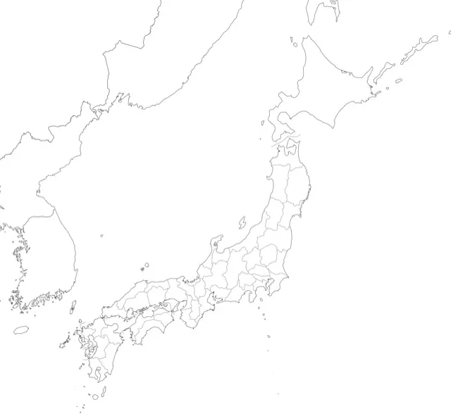 日本地図の白地図。海岸線と都道府県境界だけが描かれています。